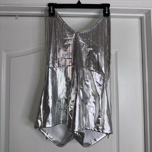 Dolls Kill Silver Metallic Rhinestone Fringe Romper NWT